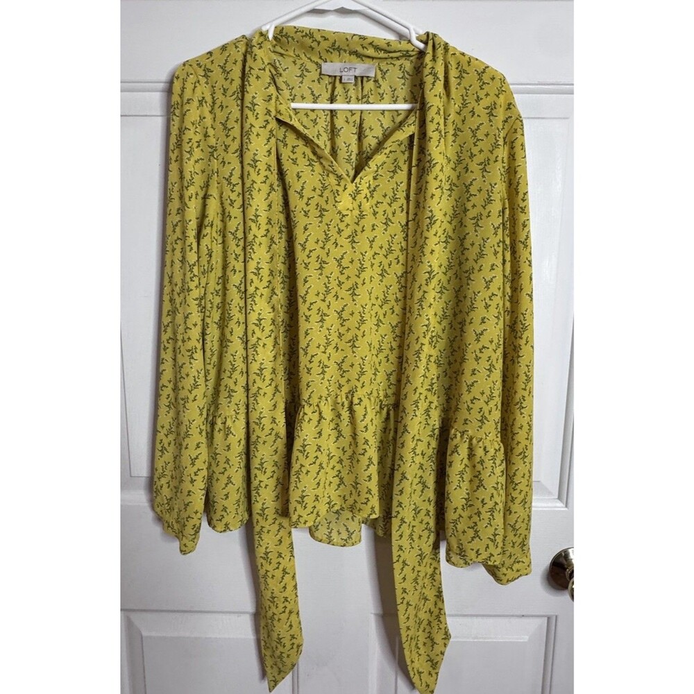 Loft Yellow Floral Tie Neck Peplum Long Sleeve Blouse Size Large